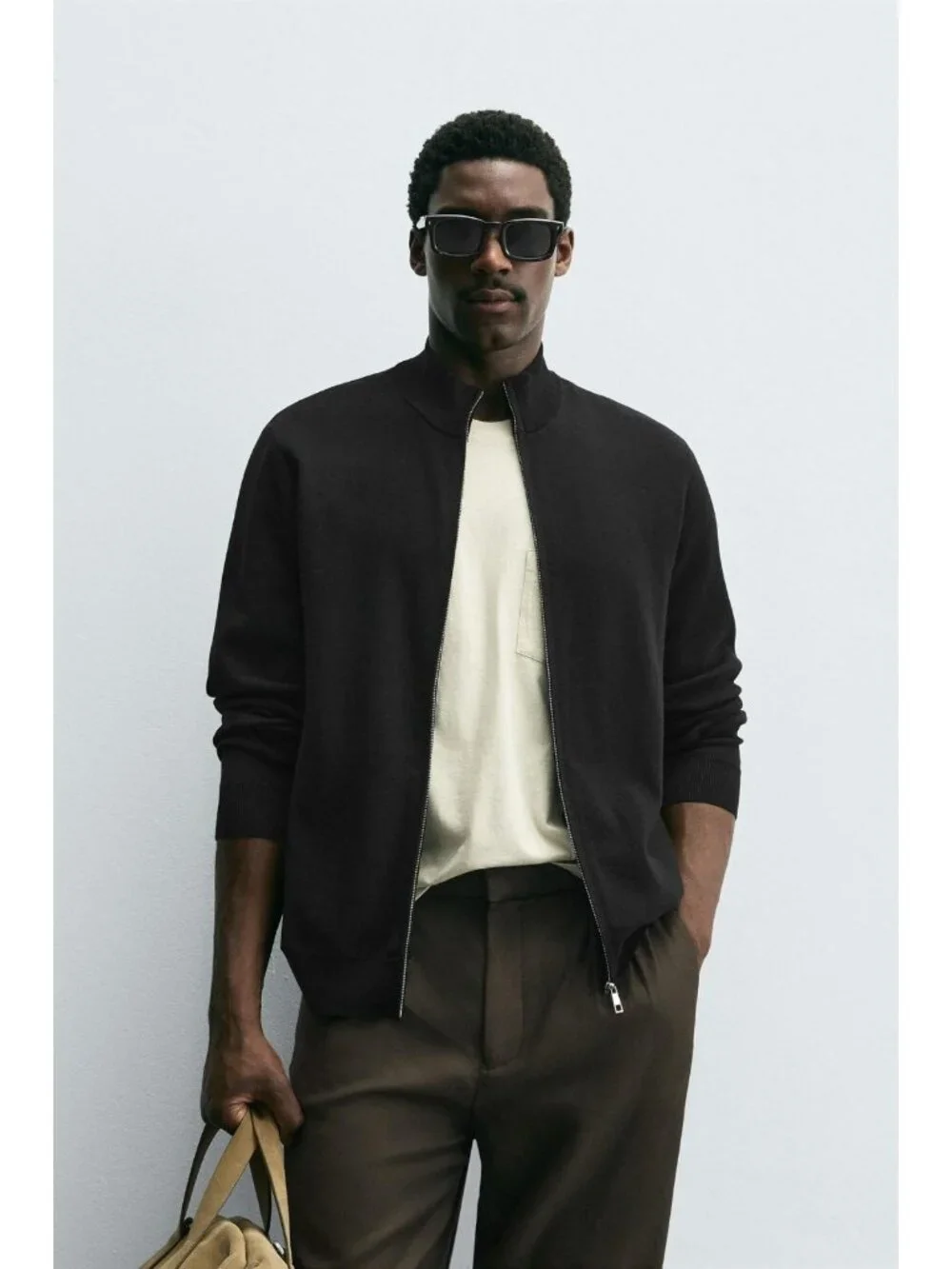 Zara Mens Cotton Knit Cardigan sweater M Black mock Neck Zip Up  6674/316 NWT